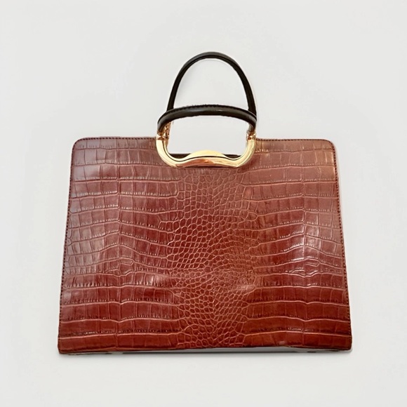 Snakeskin Red Brown Faux Leather Purse Handbag Gold Trim Structured Classy Bag - Picture 3 of 7
